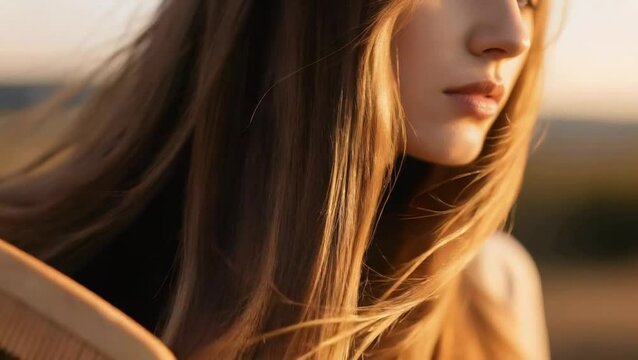 Un peine de madera se desliza lentamente a través de una cascada de cabello largo y castaño claro