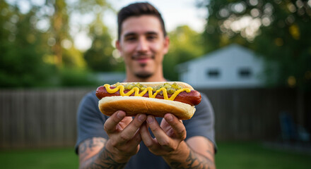Hot dog with being held by a person in a blurry summer backyard scene