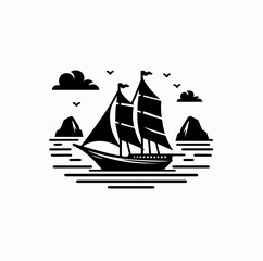 Minimalist Black Vector Logo of Phinisi Ship and Island Silhouettes Isolated on White Background
