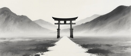 Torii gate in misty mountain landscape in traditional Japanese sumi-e ink painting style © Professor Machina