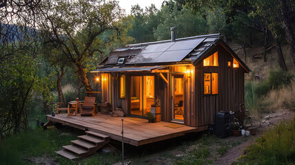 A cozy, illuminated wooden cabin with solar panels sits nestled in a serene forest at dusk