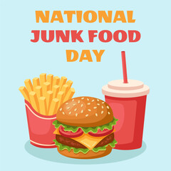 Simple bright cartoon illustration for National Junk Food Day with burger, fries and soda. For food-related promotions, card or fun holiday content. Flat vector design. Minimal.
