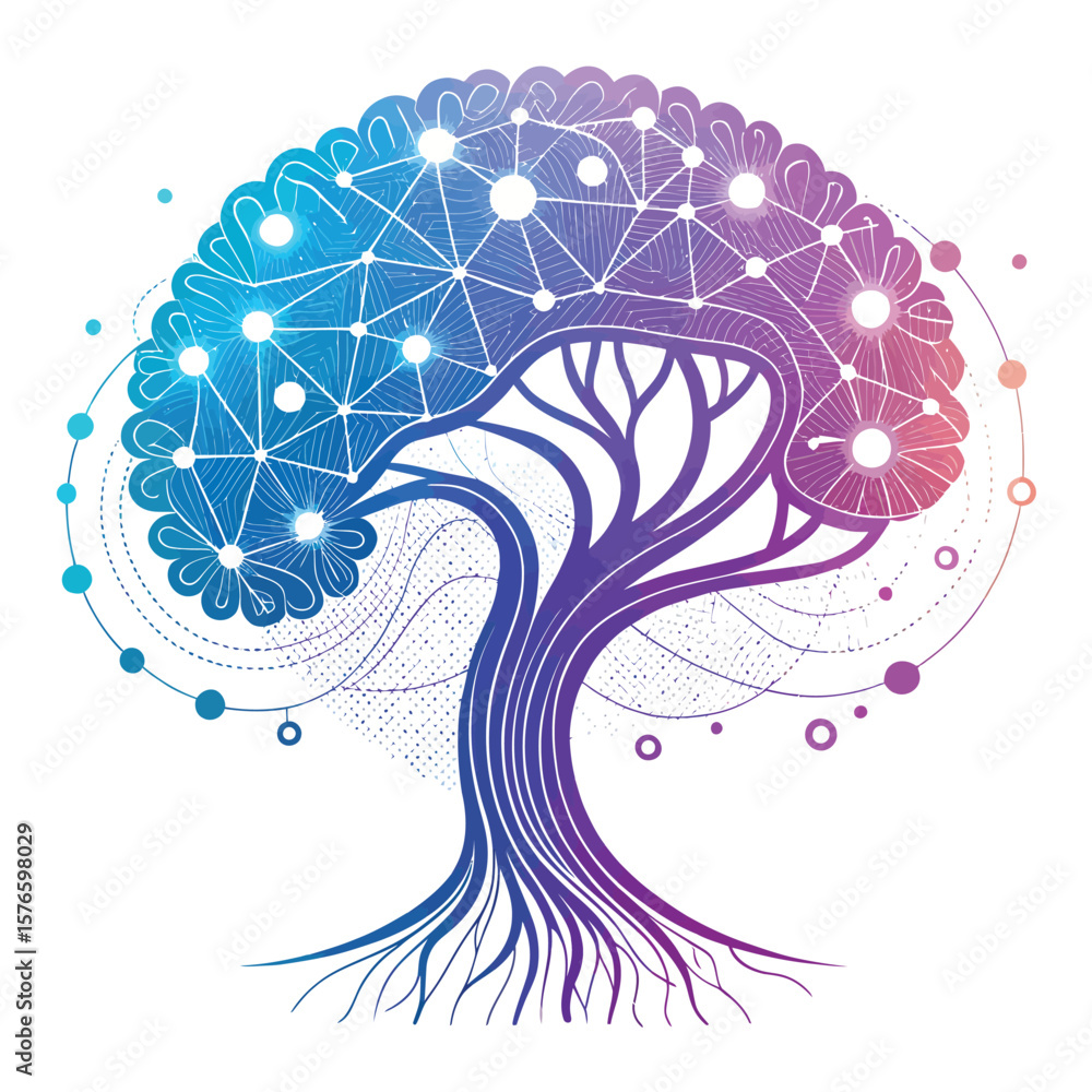 Poster digital mind tree: an artistic representation of the mind as a tree, with branches symbolizing thoug