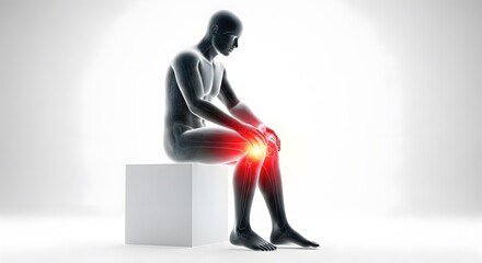 A human figure sits, highlighting knee pain with a red glow effect.