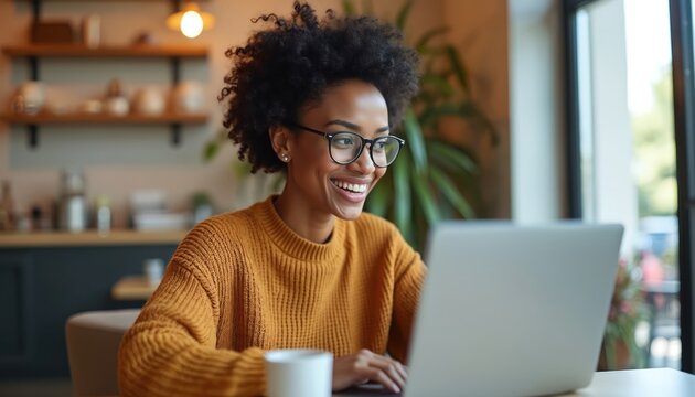 Smiling mixed-race woman wearing glasses and an orange sweater works on a laptop in a cafe. She participates in a video team meeting, embracing the digital nomad lifestyle. A mug sits on the table.