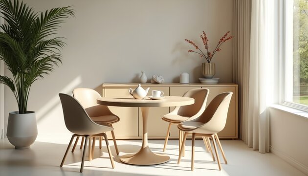 Minimalist breakfast nook with round light wood table and sleek chairs. Ceramic teapot and cups sit on table. Room features natural light from window, green plant, and wooden cabinet with decor. - Powered by Adobe