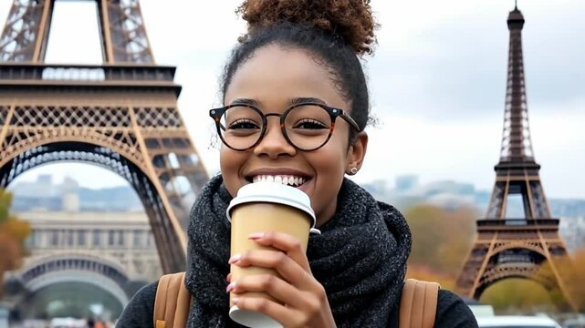 Smiling young African woman with curly hair and glasses holding a coffee cup in front of the tower during autumn in Paris city