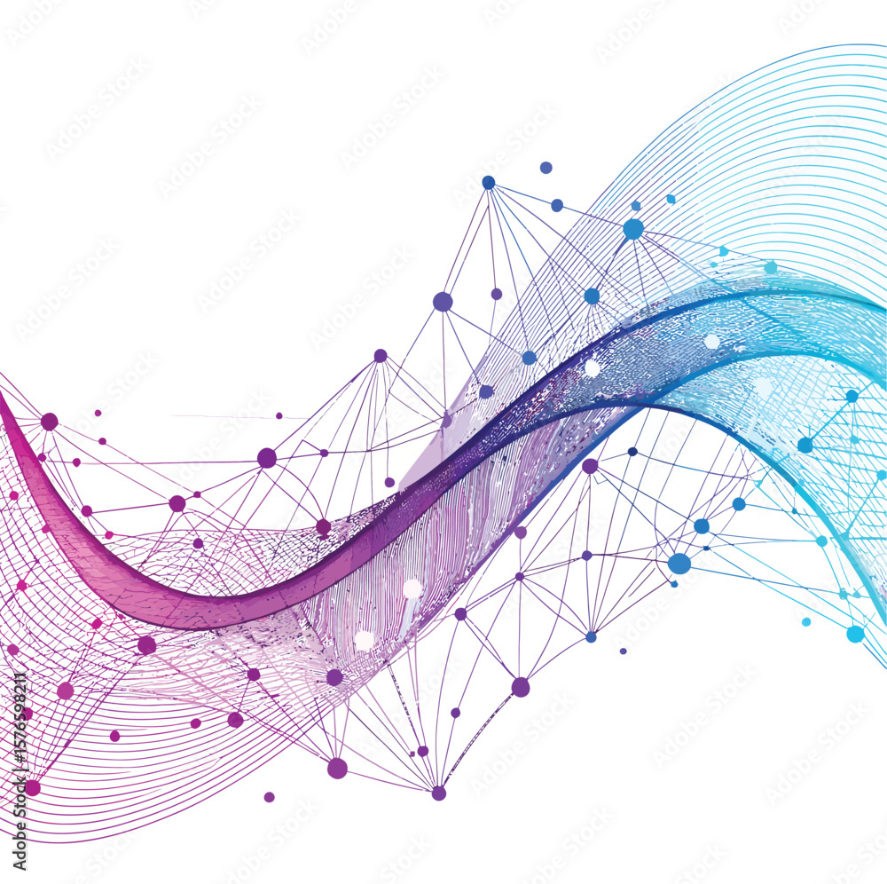 Poster digital flow: an abstract, interconnected network of lines and dots forms a dynamic visual narrative