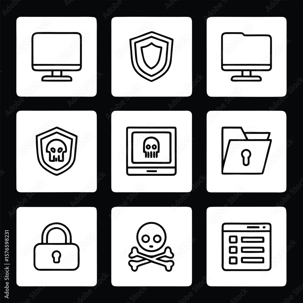 Aufkleber cyber security icons computer shield folder lock skull data monitor protection