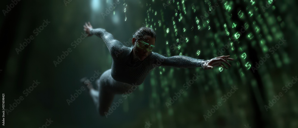Poster futuristic digital world with matrix style data streams and mysterious character