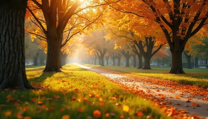 Sunlit park pathway lined with vibrant autumn trees ablaze in yellow, orange, red foliage. Fallen leaves carpet ground, path. Golden hour light filters through branches creating warm, inviting autumn
