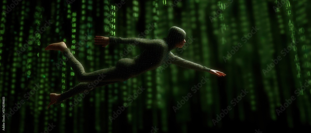Poster futuristic digital world with matrix-style data streams and character in motion