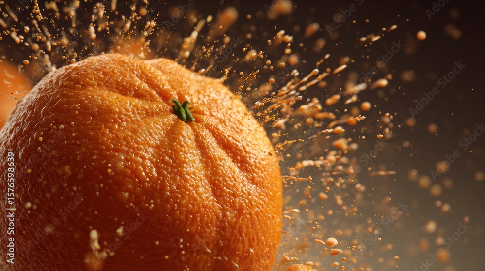 Poster juicy tangerine explodes in slow motion with vibrant splashes and upper section intact