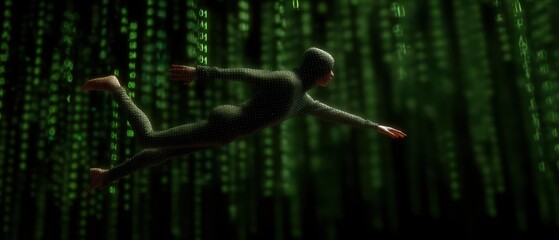 Futuristic digital world with matrix-style data streams and character in motion