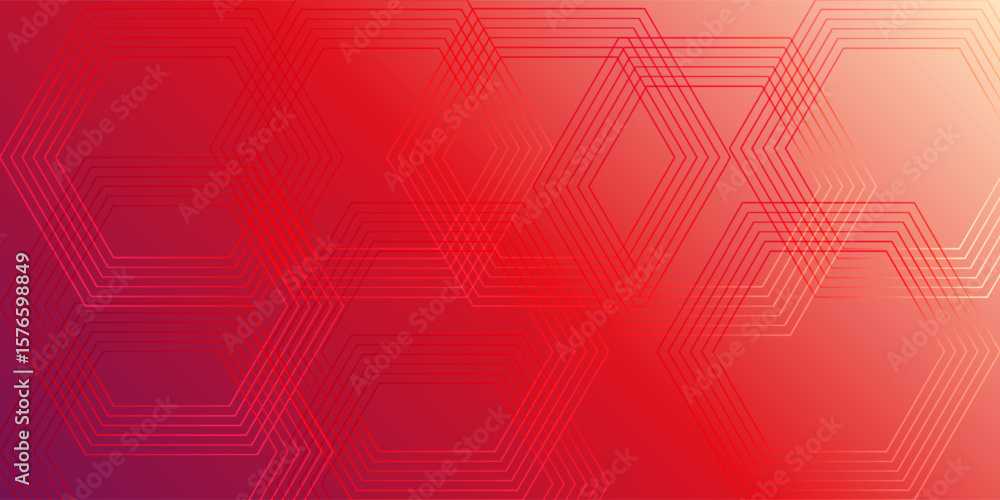 Poster modern red gradient background with abstract overlapping hexagon lines, creating a futuristic and dy