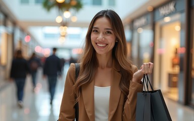 Beautiful and smiling young woman doing shopping in the mall. High quality