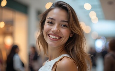 Beautiful and smiling young woman doing shopping in the mall. High quality