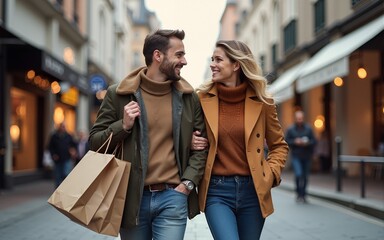Shopping. Black Friday. Couple. Love. Man and woman with shopping bags are smiling while walking down the street. High quality