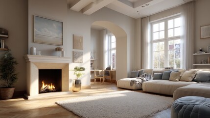 Fototapeta premium Serene Living Room with Fireplace and Abundant Natural Light
