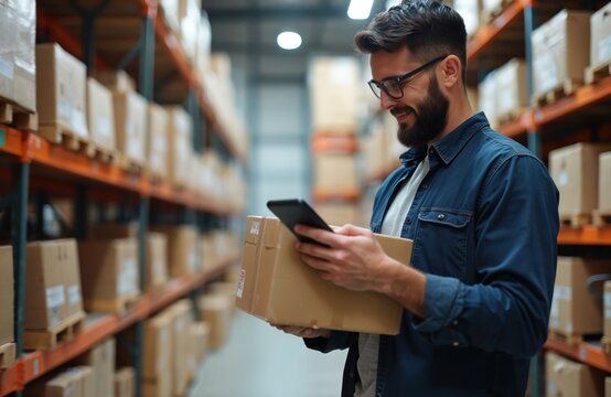 Smiling man in glasses holding parcel, smartphone, checking inventory in warehouse. E-commerce logistics worker scans package between shelves of boxes. Teamwork, shipping, delivery, order fulfillment.