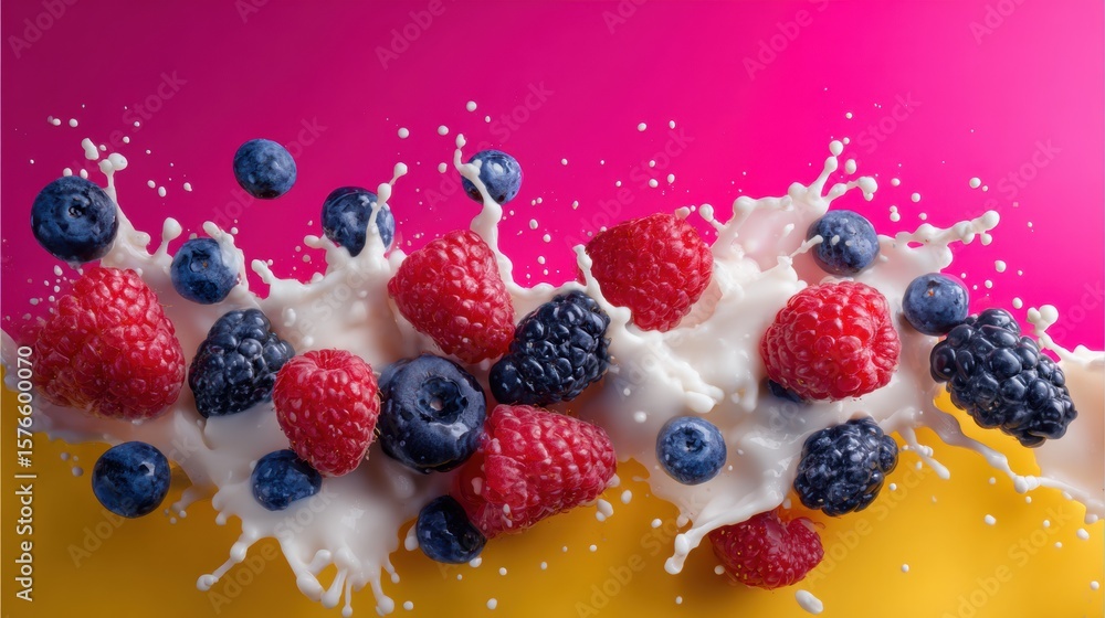 Poster assorted berries in a vibrant milk splash against a bright pop art background creating a joyful arti
