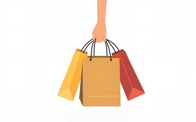 Woman's hand holding three paper shopping bags. White background. Vector illustration. Flat style. High quality