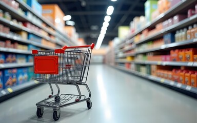 shopping cart in supermarket aisle with product shelves interior defocused blur background. High quality