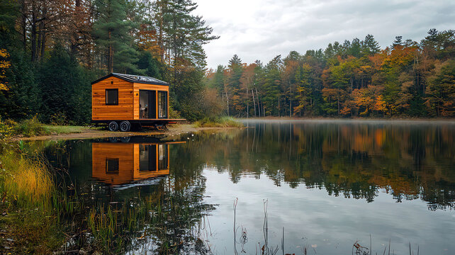 Tiny house on wheels parked by a serene lake, showcasing a perfect blend of mobility and nature.