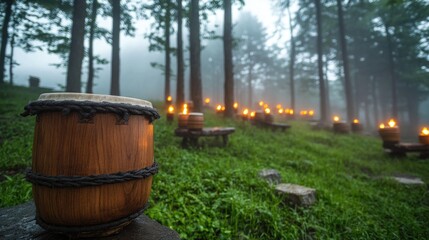 Fototapeta premium Wooden drum in misty forest with candles