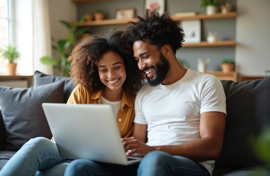 Young multiracial couple sits on sofa using laptop at home. Happy diverse husband, wife enjoy technology lifestyle together, browsing internet, online services entertainment. Relaxed bonding in cozy - Powered by Adobe