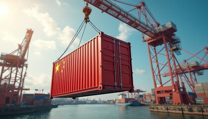 Fototapeta premium Red cargo container with China flag lifted by crane at port. Global logistics, trade, import, export operations. Maritime shipping, freight transportation, commerce industry. Distribution,