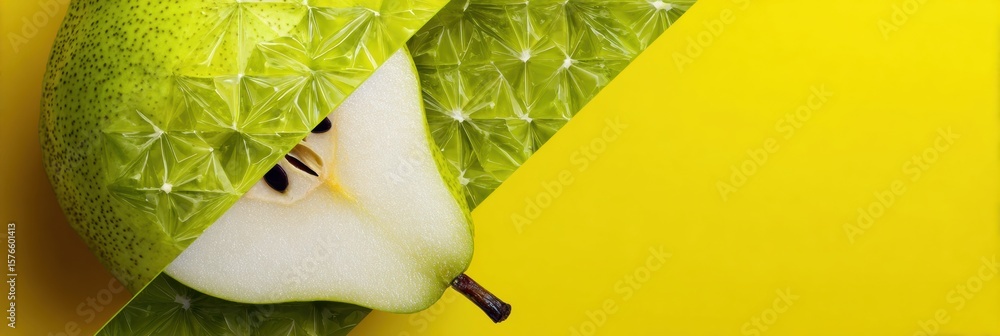 Poster abstract artistic representation of pear slice transformed into geometric tiles on bright yellow bac
