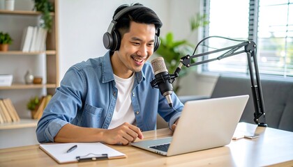 Man podcasting at home