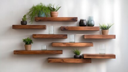 Wooden wall shelves with plants and vases