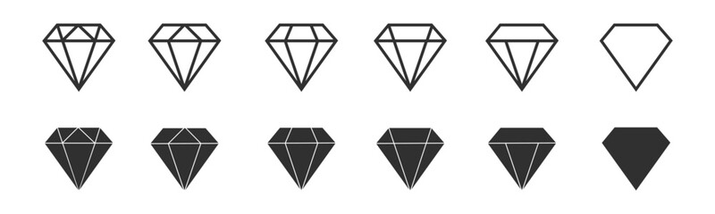 Diamond icon vector set. Various geometric diamond shapes arranged in rows showcasing different designs and styles
