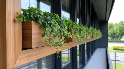Wooden window boxes with greenery on building facade