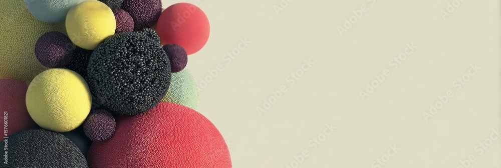 Poster abstract arrangement of colorful fruits depicted as spheres on a minimalistic background with empty 