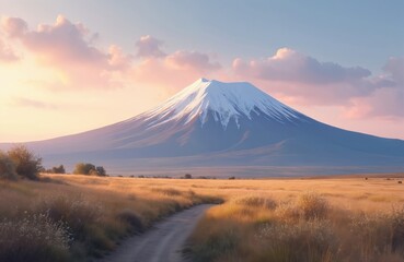 Fototapeta premium Majestic snow-covered mountain peak under serene pastel fall sky. Snowy mountain landscape with dirt road, green grass, small trees in distance. Pristine white canvas with vibrant green grass, stark