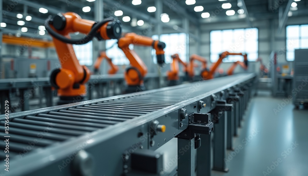 Poster robotic arms operate on automated conveyor belt system in modern factory. industrial setting emphasi