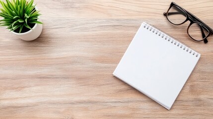 Workspace notebook and plant on wooden desk