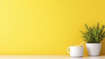Yellow background minimalist scene with plant and mug