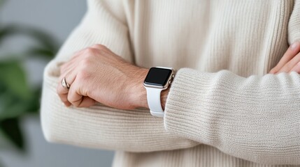 Wrist watch on arm with beige sweater