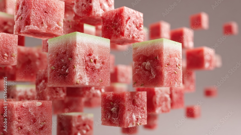 Poster 3d watermelon cubes creating an abstract structure with an open upper section in a bright setting