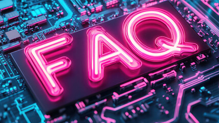 Vibrant neon "FAQ" sign against a futuristic tech background perfect for digital marketing visuals
