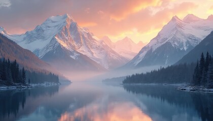 Tranquil scene features snow-capped mountains reflected in glassy lake at sunrise. Mist hovers over pine forests. Soft orange, pink clouds fill sky. Offers serene natural landscape, perfect for
