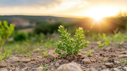 Young plant growing in dry earth