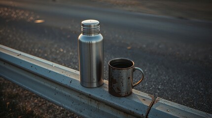 "Thermos and metal mug of coffee placed on a highway guardrail, sunrise light reflecting on the asphalt"