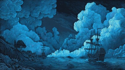 Dark, stormy sea at night.  Ship sails in the distance under a dramatic sky of luminous clouds