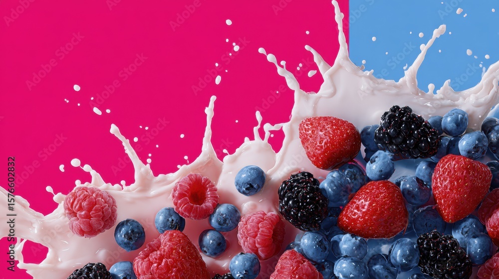 Poster bright splash of assorted berries in milk creating a vibrant pop art effect against colorful backgro