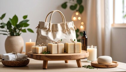 Spa bag and natural soaps on wooden stand